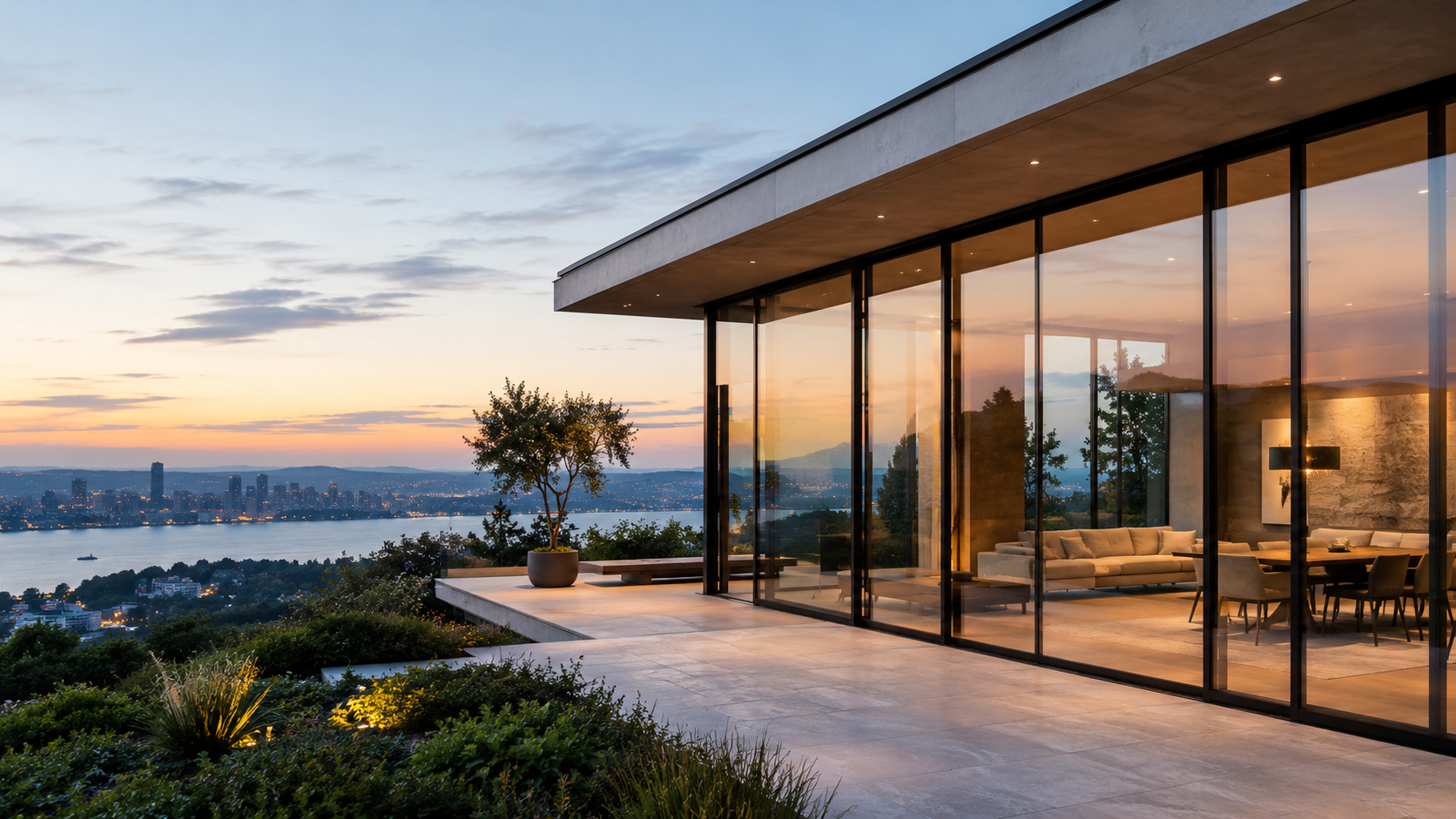 Modern architectural glazing with dark aluminum frames